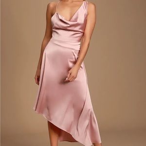 Sereno mauve pink satin vowel neck asymmetrical midi dress